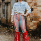 RED SERAPE DENIM WITH STUDDED FRINGE STRAIGHT LEG JEANS