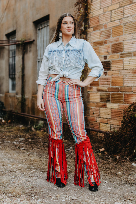 RED SERAPE DENIM WITH STUDDED FRINGE STRAIGHT LEG JEANS