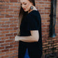 BLACK SHORT SLEEVE CURVED HEM TEE