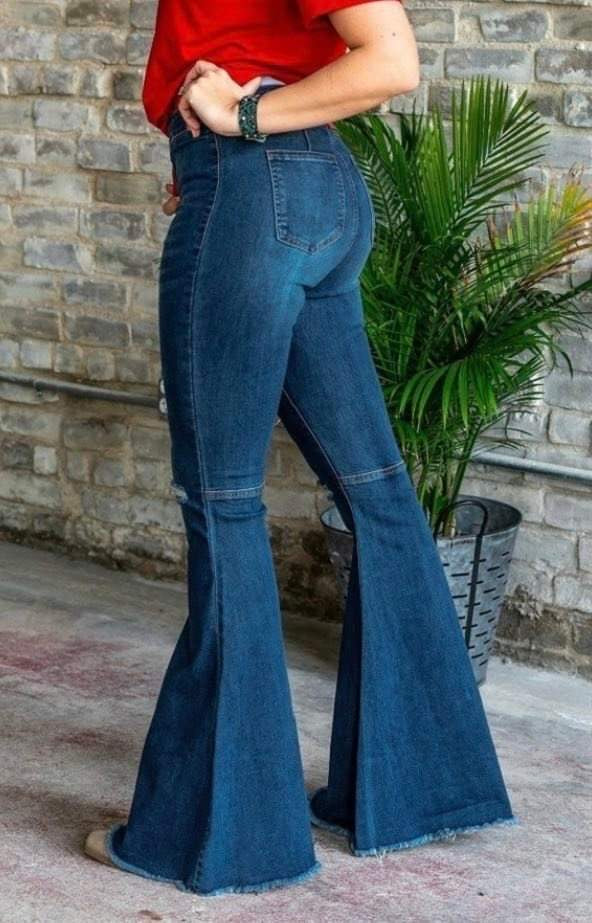 DARK WASH HIGH WAISTED  RIPPED BELL BOTTOMS JEANS