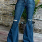 DARK WASH HIGH WAISTED  RIPPED BELL BOTTOMS JEANS