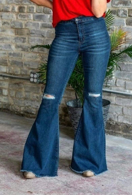 DARK WASH HIGH WAISTED  RIPPED BELL BOTTOMS JEANS